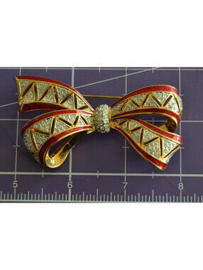 Vintage Erwin Pearl Red Enamel Crystal Bow Brooch Gold Tone Signed 3"